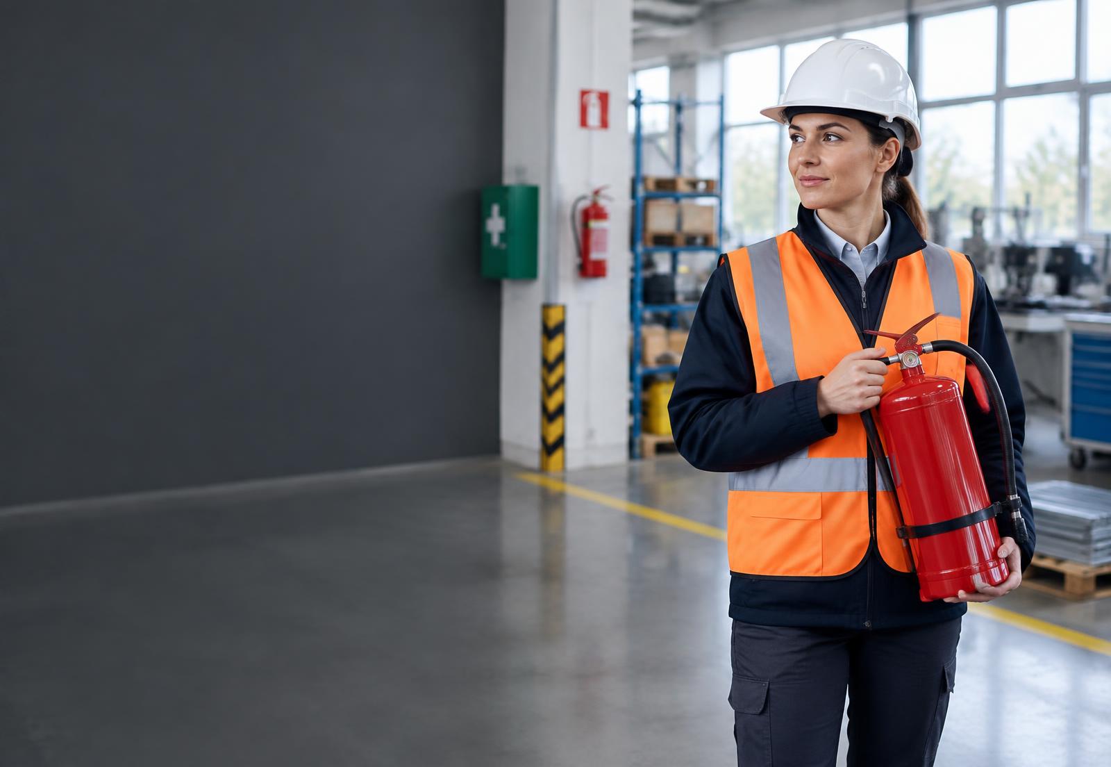 Specialist Multiserv Consult în echipament de protecție, verificând măsurile SSM și PSI într-o hală industrială din Sibiu